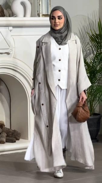Linen abaya with inner set, beige C:6499 Beige Set