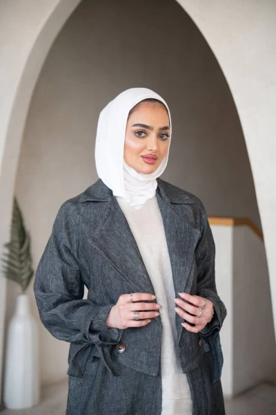 Grey Abaya with Inner Set, Linen C:J1026 Grey-Set